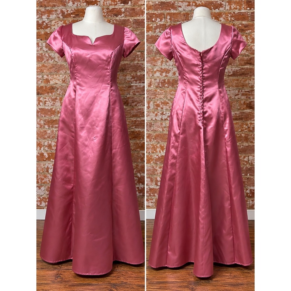 Vintage Pink Satin Maxi Dress Gown 7/8 Y2K Prom Formal Retro Coquette 90s